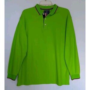 ISIFI Men's  XL Bright Green Long Sleeve Golf Shirt W/Red And Blue Stripe Collar